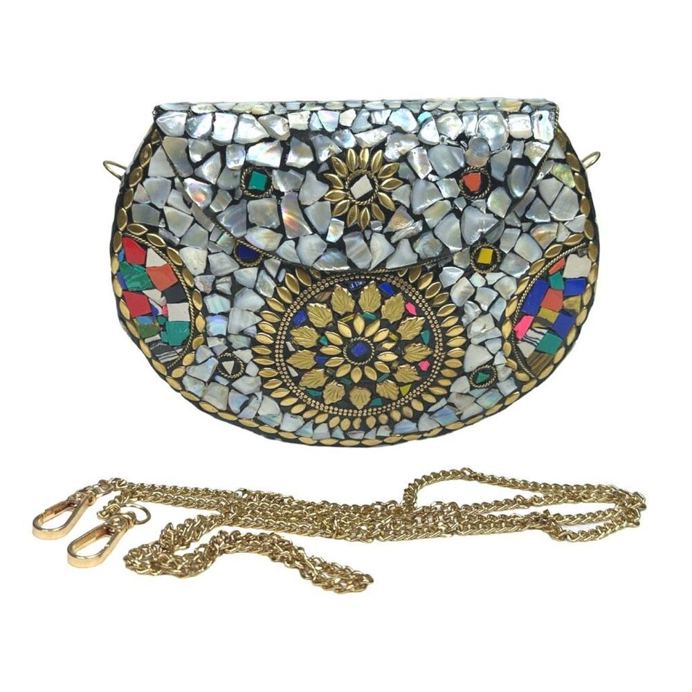 RAMLA Handmade The Pearl Mosaic Metal Clutch / Crossbody Bag - 7” x 5.5” x 1.5”